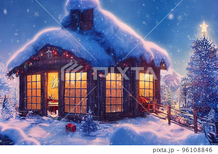 Beautiful winter house and christmas tree on the mountain 96108846