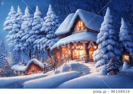 Beautiful winter house and christmas tree on the mountain Beautiful winter house and christmas tree on the mountain 96108919