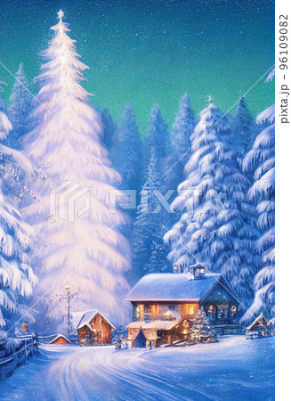 Beautiful winter house and christmas tree on the mountain Beautiful winter house and christmas tree on the mountain 96109082
