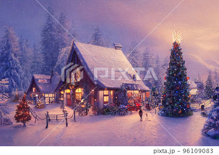 Beautiful winter house and christmas tree on the mountain 96109083