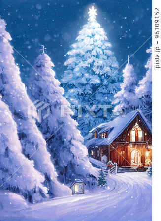 Beautiful winter house and christmas tree on the mountain 96109152