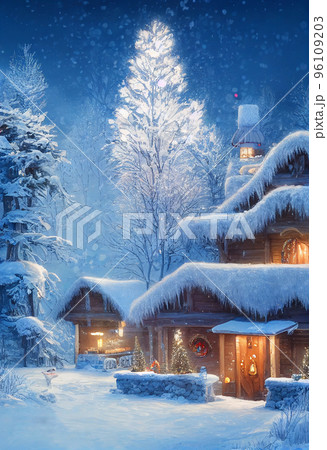 Beautiful winter house and christmas tree on the mountain Beautiful winter house and christmas tree on the mountain 96109203