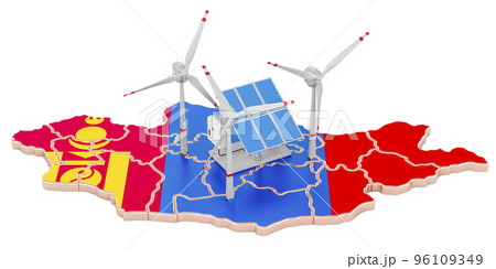 Renewable energy and sustainable development in Mongolia, concept. 3D rendering Renewable energy and sustainable development in Mongolia, concept. 3D rendering 96109349