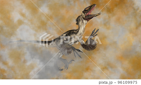 Deinonychus dinosaur roaring in the fog - 3D render Deinonychus dinosaur roaring in the fog - 3D render 96109975
