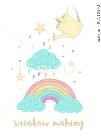 Cute vector illustration of watercolor style rainbow making process with cloud, watering can, stars isolated on white background. Unicorn themed picture for print, banner, card or textile design. Cute vector illustration of watercolor style rainbow making process with cloud, watering can, stars isolated on white background. Unicorn themed picture for print, banner, card or textile design. 96110342