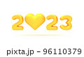Happy new year 2023, 3d vector golden number. Realistic shiny figures and heart render.  Illustration for greeting card, banner, cover.  96110379