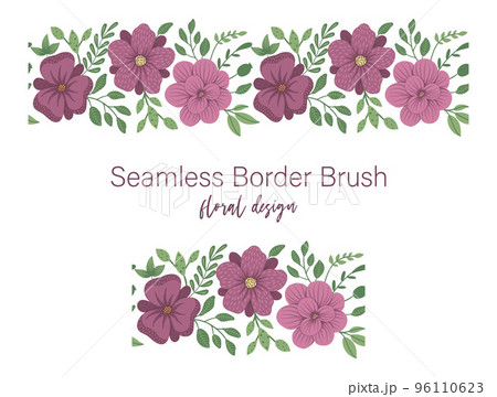 Vector seamless pattern brush of green leaves with purple flowers on white background. Floral border ornament. Trendy flat illustration Vector seamless pattern brush of green leaves with purple flowers on white background. Floral border ornament. Trendy flat illustration 96110623