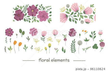 Vector floral clip art set with seamless border brushes. Flat trendy illustration with flowers, leaves, branches. Meadow, woodland, forest elements isolated on white background. Vector floral clip art set with seamless border brushes. Flat trendy illustration with flowers, leaves, branches. Meadow, woodland, forest elements isolated on white background. 96110624