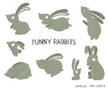 Vector set of cartoon style flat funny rabbits in different poses. Cute illustration of woodland animals. Collection of hares for childrens design. Vector set of cartoon style flat funny rabbits in different poses. Cute illustration of woodland animals. Collection of hares for childrens design. 96110654