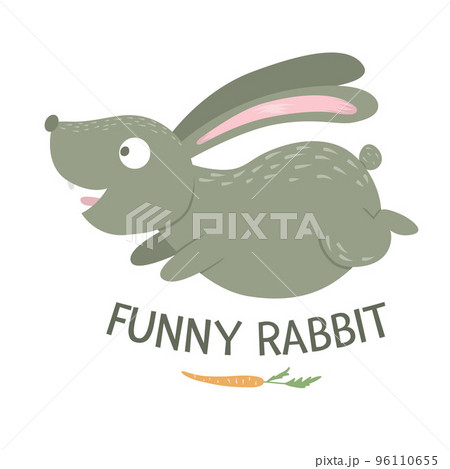 Vector cartoon style flat funny rabbit with carrot isolated on white background. Cute illustration of woodland animal. Running hare icon for childrens design. Vector cartoon style flat funny rabbit with carrot isolated on white background. Cute illustration of woodland animal. Running hare icon for childrens design. 96110655