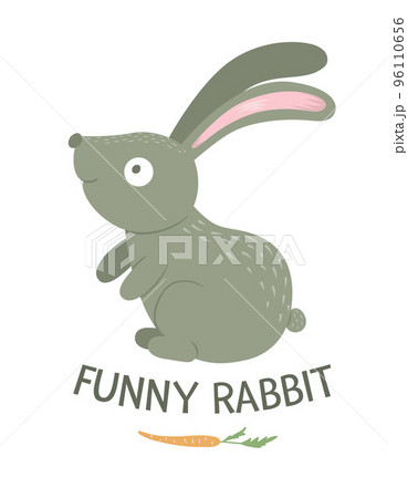 Vector cartoon style flat funny rabbit with carrot isolated on white background. Cute illustration of woodland animal. Sitting hare icon for childrens design. 96110656