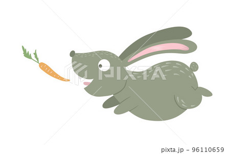 Vector cartoon style flat funny rabbit with carrot isolated on white background. Cute illustration of woodland animal. Running hare icon for children design. 96110659