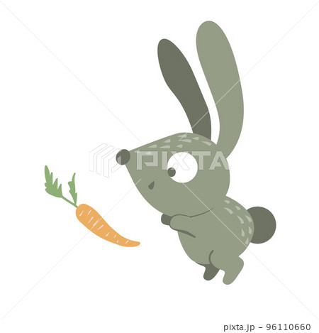 Vector cartoon style flat funny baby rabbit with carrot isolated on white background. Cute illustration of woodland animal. Little hare icon for children design. 96110660