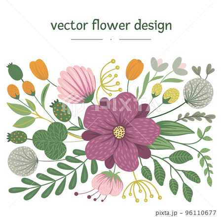 Vector floral background. Flat trendy illustration with flowers, leaves, branches. Meadow, woodland, forest clip art. Flat trendy design Vector floral background. Flat trendy illustration with flowers, leaves, branches. Meadow, woodland, forest clip art. Flat trendy design 96110677