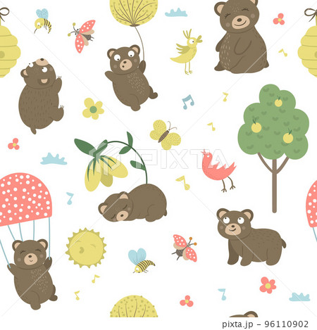 Vector seamless pattern of cartoon style hand drawn flat bears in different poses. Repeat background of funny scenes with Teddy. Cute illustration of woodland animals for children design, print, Vector seamless pattern of cartoon style hand drawn flat bears in different poses. Repeat background of funny scenes with Teddy. Cute illustration of woodland animals for children design, print, 96110902