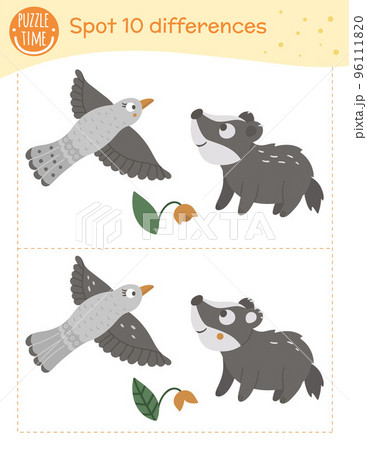 Find differences game for children. Preschool activity with flying bird and baby badger. Puzzle with animals. Cute funny smiling characters. 96111820