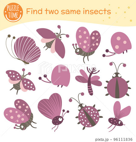 Find two same insects. Matching activity for preschool children. Funny woodland game for kids. Logical quiz worksheet. 96111836