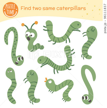 Find two same insects. Matching activity for preschool children with green caterpillars. Funny woodland game for kids. Logical quiz worksheet. 96111837