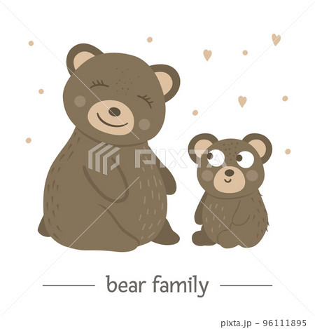 Vector hand drawn flat baby bear with parent. Funny woodland animal scene showing family love. Cute forest animalistic illustration for children design, print, stationery 96111895