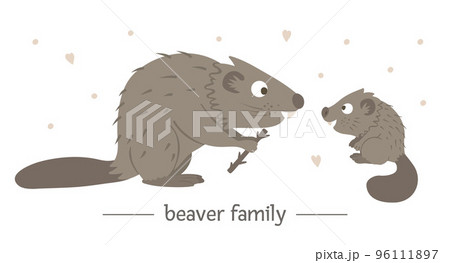 Vector hand drawn flat baby beaver with parent. Funny woodland animal scene showing family love. Cute forest animalistic illustration for children design, print, stationery 96111897