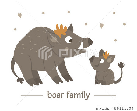 Vector hand drawn flat baby boar with parent. Funny woodland animal scene showing family love. Cute forest animalistic illustration for children design, print, stationery Vector hand drawn flat baby boar with parent. Funny woodland animal scene showing family love. Cute forest animalistic illustration for children design, print, stationery 96111904