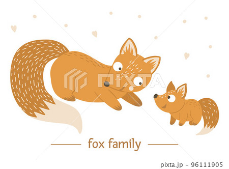 Vector hand drawn flat baby fox with parent. Funny woodland animal scene showing family love. Cute forest animalistic illustration for children design, print, stationery 96111905