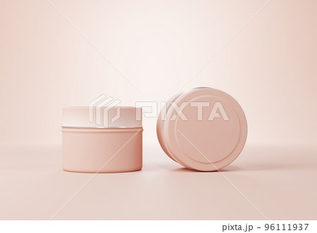 Container candle tin box mock-up on beige background 3D render, travel candle can template for branding 96111937