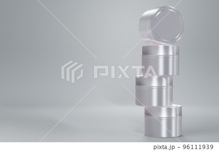 Stack of silver container candle tin box mock-up on beige background 3D render, travel candle can template for branding 96111939