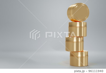 Stack of gold container candle tin box mock-up on beige background 3D render, travel candle can template for branding 96111940