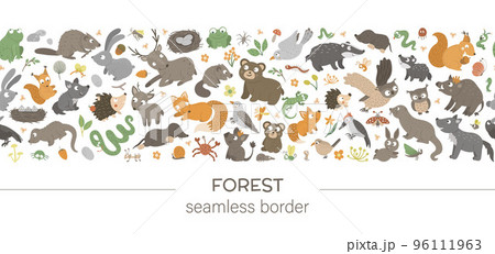 Vector seamless pattern brush with forest animals and elements on white background. Woodland border ornament. Hand drawn flat illustration for children design 96111963