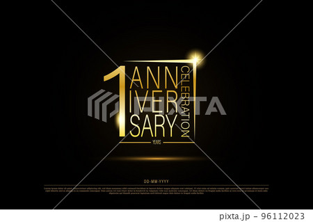 1 year anniversary golden gold logo on black background, vector design for celebration.	 96112023