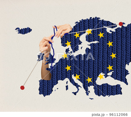 Creative conceptual design. Knitted texture of map of European Union as a symbol of heating problems. Gas transportation crisis 96112066