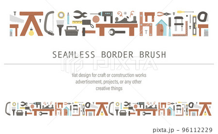 Vector tools seamless border brush. Flat colored illustration with building, carpenter equipment for card, poster or flyer design. Woodwork, repair service or craft workshop repeating background Vector tools seamless border brush. Flat colored illustration with building, carpenter equipment for card, poster or flyer design. Woodwork, repair service or craft workshop repeating background 96112229