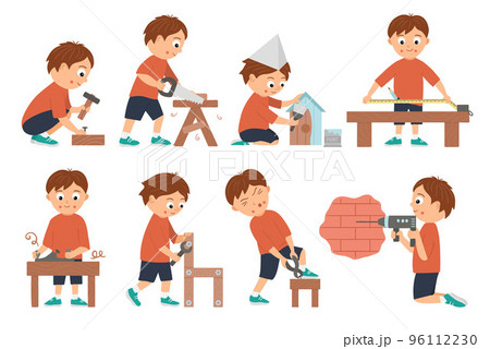 Vector set of boys doing carpenter, building or wood work. Flat funny kid character sawing, nailing up, measuring, drilling a wall, screwing, working with plane, painting a nestling box. Craft lesson Vector set of boys doing carpenter, building or wood work. Flat funny kid character sawing, nailing up, measuring, drilling a wall, screwing, working with plane, painting a nestling box. Craft lesson 96112230