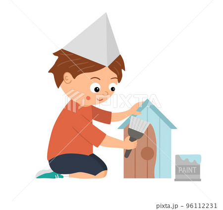 Vector working boy. Flat funny sitting kid character painting a nestling box. Craft lesson illustration. Concept of a child learning how to work. Picture for workshop or masterclass advertisement Vector working boy. Flat funny sitting kid character painting a nestling box. Craft lesson illustration. Concept of a child learning how to work. Picture for workshop or masterclass advertisement 96112231