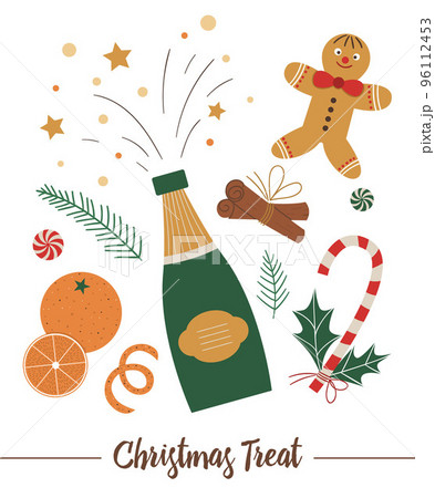 Vector set of Christmas food elements with champagne isolated on white background. Flat style illustration with yummy traditional treats for decorations or new year design. 96112453