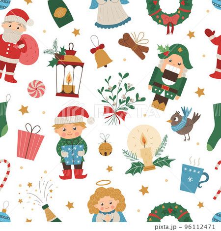 Vector seamless pattern of Christmas elements with Santa Claus, Angel, Nutcracker, Elf. Cute funny repeat background of new year symbols. Christmas flat style picture for decorations or design. 96112471