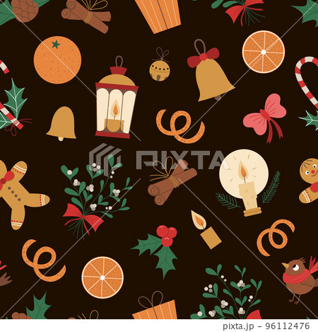 Vector seamless pattern of Christmas elements with lantern, gingerbread man, orange, mistletoe, candle on black background. Cute funny repeat texture of new year symbols. Christmas flat style picture 96112476