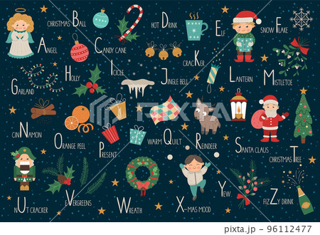 Vector Christmas alphabet for children. Cute flat ABC with new year symbols. Horizontal layout funny poster for teaching reading on white background. 96112477