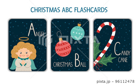 Colorful alphabet letters A, B, C. Phonics flashcard. Cute Christmas themed ABC cards for teaching reading with funny angel, Christmas ball, candy cane. New Year festive activity. Colorful alphabet letters A, B, C. Phonics flashcard. Cute Christmas themed ABC cards for teaching reading with funny angel, Christmas ball, candy cane. New Year festive activity. 96112478