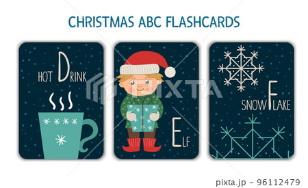 Colorful alphabet letters D, E, F. Phonics flashcard. Cute Christmas themed ABC cards for teaching reading with funny hot drink, elf, snowflake. New Year festive activity. Colorful alphabet letters D, E, F. Phonics flashcard. Cute Christmas themed ABC cards for teaching reading with funny hot drink, elf, snowflake. New Year festive activity. 96112479