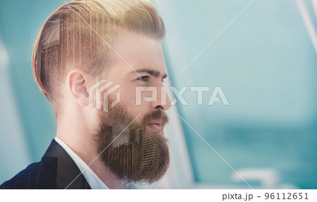 Businessman looks far for the future. Concept of innovation and startup. double exposure Businessman looks far for the future. Concept of innovation and startup. double exposure 96112651