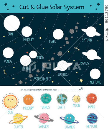 Vector cut and glue solar system for children. Space educational activity with smiling earth, sun, moon, Venus, mars, Jupiter, mercury, Saturn, Neptune Vector cut and glue solar system for children. Space educational activity with smiling earth, sun, moon, Venus, mars, Jupiter, mercury, Saturn, Neptune 96112790