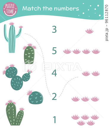 Matching game with cactus and flowers. Exotic, tropical or desert math activity for preschool children. Counting worksheet. Educational riddle with cute funny elements. 96112870