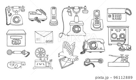 Vector vintage means of communication line drawing set. Retro black and white collection of wired rotary dial telephone, radio phone, telegraph, receiver, pigeon post, letter, stamps Vector vintage means of communication line drawing set. Retro black and white collection of wired rotary dial telephone, radio phone, telegraph, receiver, pigeon post, letter, stamps 96112889