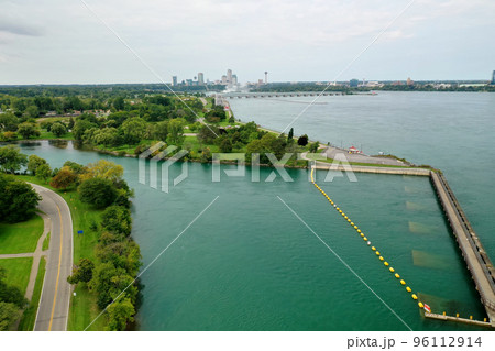 Aerial of the Niagara River looking to Niagara Falls, Canada 96112914