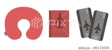 Vector flat illustration of plane cushion, passport, tickets. Flight traveler equipment icon. Travel object isolated on white background. Vacation infographic element. Vector flat illustration of plane cushion, passport, tickets. Flight traveler equipment icon. Travel object isolated on white background. Vacation infographic element. 96113059