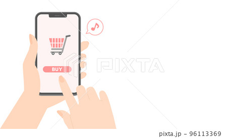 ショッピングカートとBUYの文字が表示されているスマホを持つ人の手 - 買い物･ネットショッピング 96113369