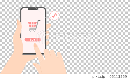 ショッピングカートとBUYの文字が表示されているスマホを持つ人の手 - 買い物･ネットショッピング 96113369