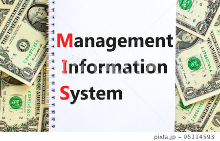 MIS management information system symbol. Concept words MIS management information system on white note on background from dollar bills. Business MIS management information system concept. Copy space 96114593